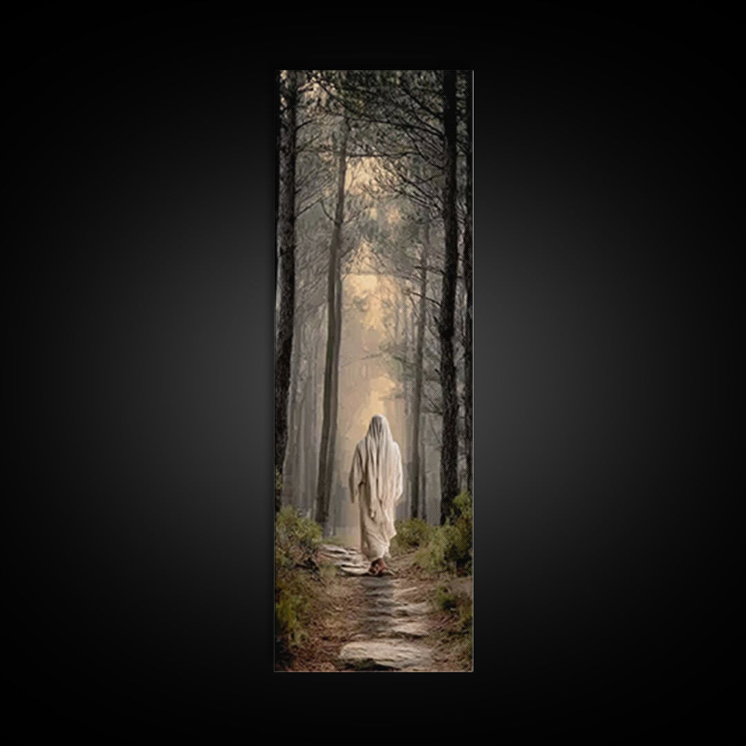 Lighted Woodland Walk | Framed Canvas Print | Narrow Art | Christian Art Canvas | Jesus Painting Canvas | Christmas Art | Christian Gift |