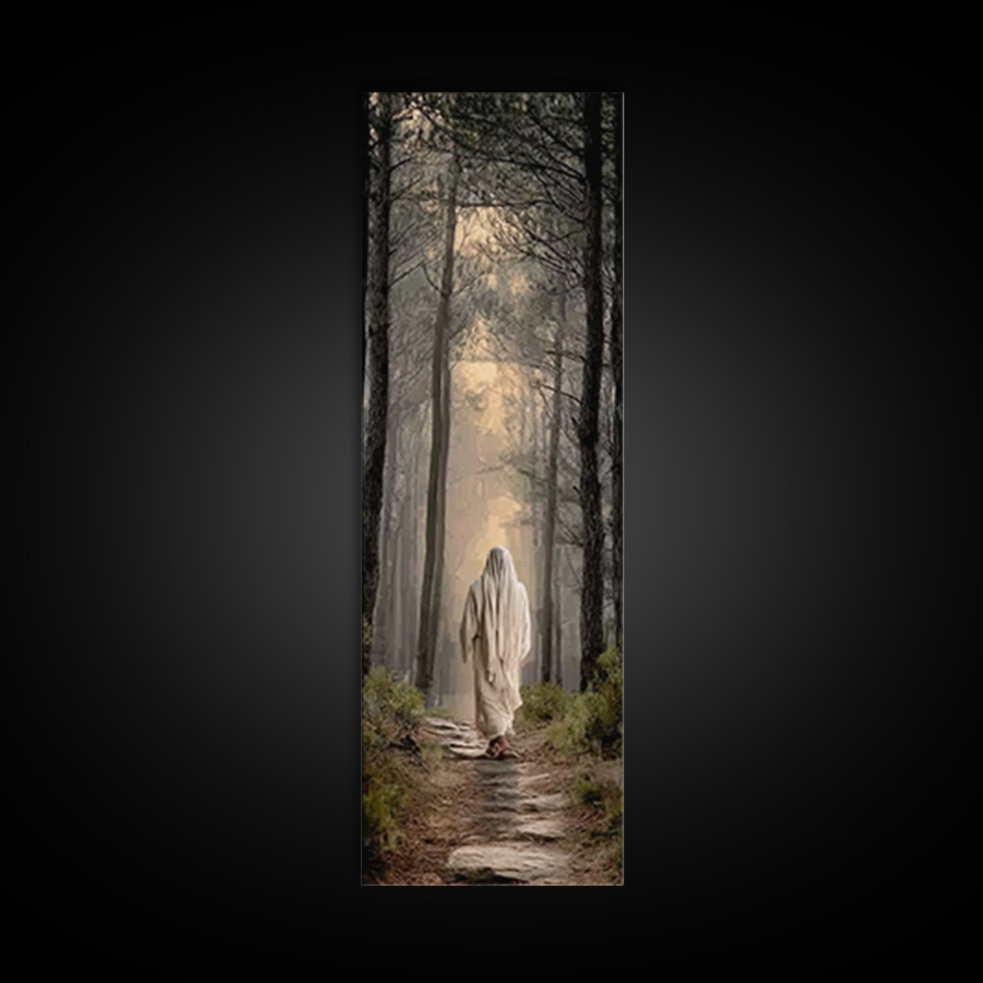 Lighted Woodland Walk | Framed Canvas Print | Narrow Art | Christian Art Canvas | Jesus Painting Canvas | Christmas Art | Christian Gift |