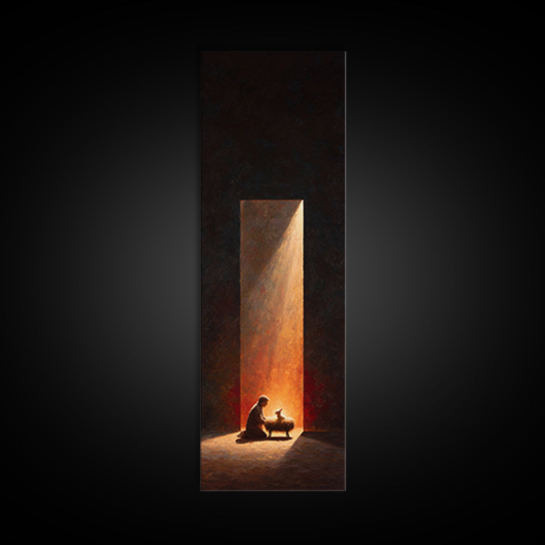 Sacred Manger Glow – Framed Canvas Print – Christmas Wall Art – Tall Skinny Art Print – Christian Art – Jesus Painting – Christian Art Gift