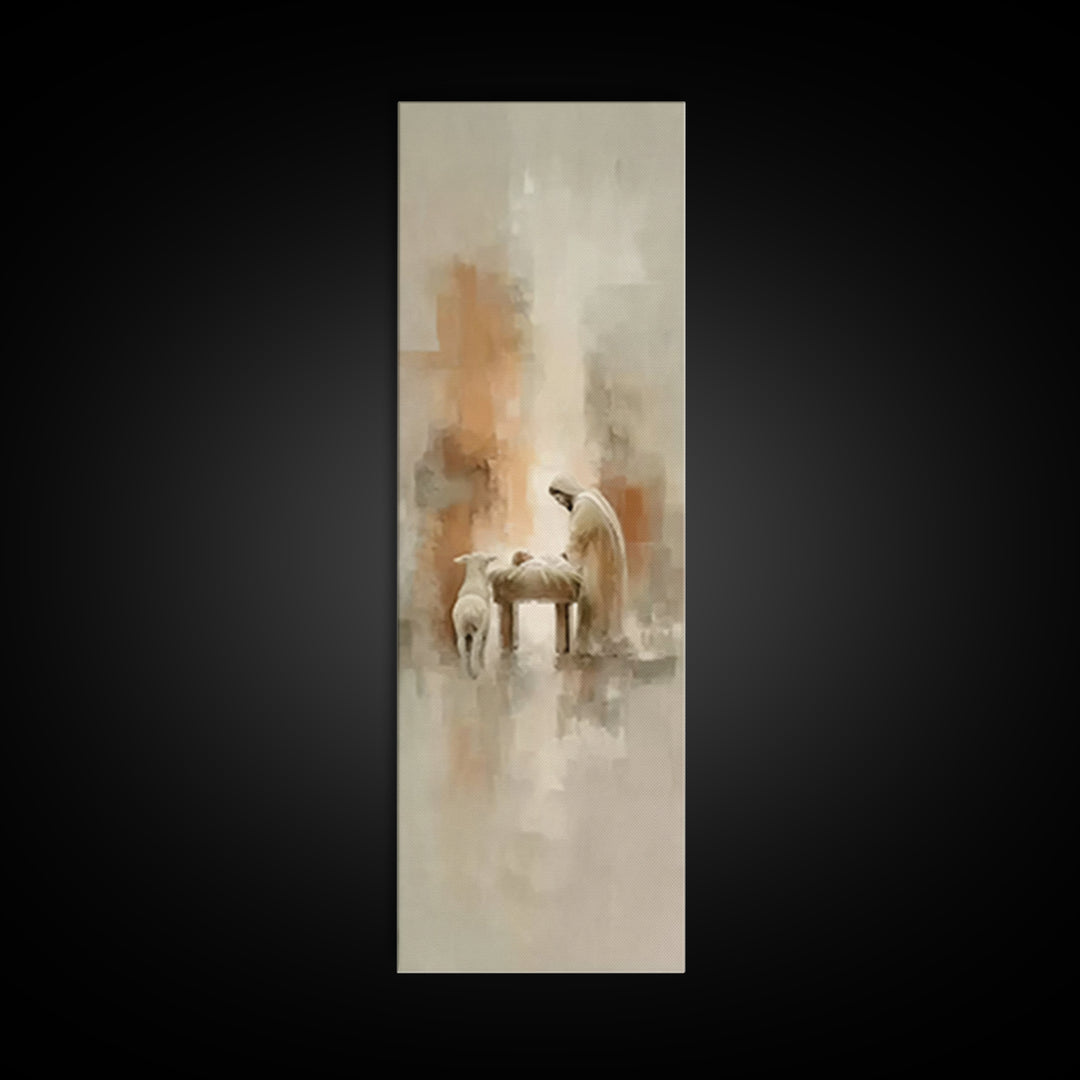 Humble Manger Peace – Framed Canvas Print – Christian Wall Art – Tall Narrow Wall Art – Christian Art Print – Christmas Art – Jesus Paintin
