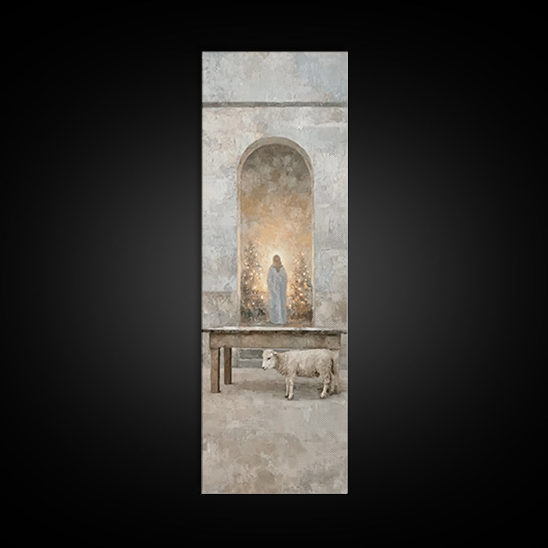 Sacred Hall Nativity – Framed Canvas Print – Christian Art Canvas – Tall Skinny Art Print – Christian Wall Art – Christmas Art – Jesus Pain