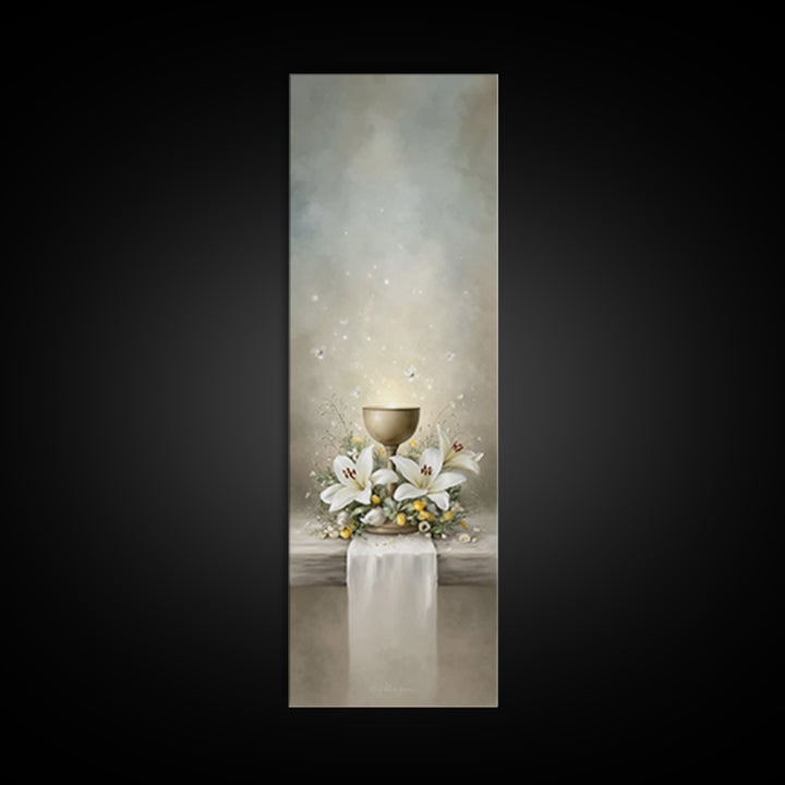 Cross And Lilies | Framed Canvas Print | Narrow Art | Christian Art | Christian Wall Art | Christmas Art | Jesus Painting | Bible Art