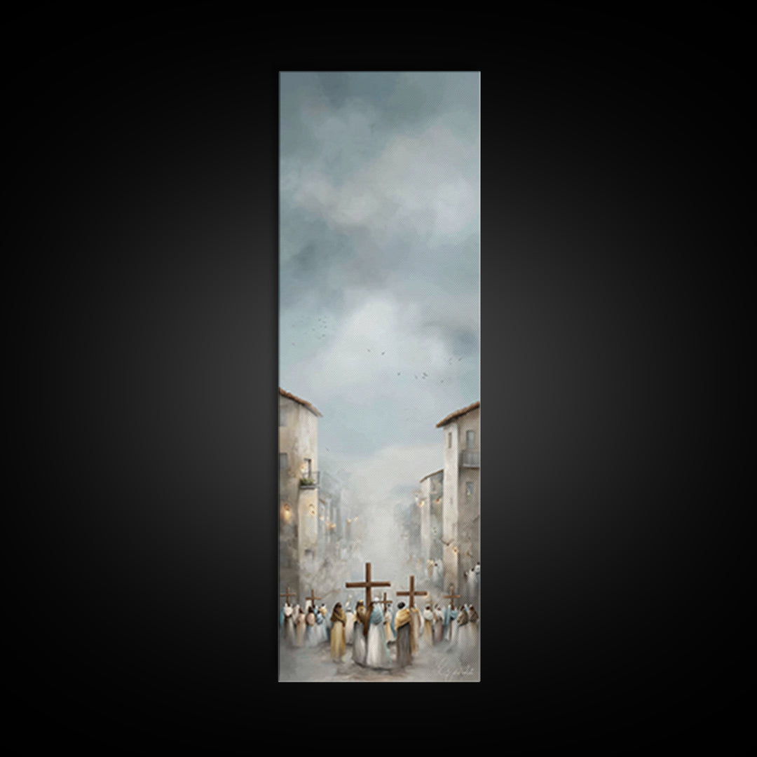 Pilgrims At Dawn – Framed Canvas Print – Narrow Art – Christian Art Work – Christian Christmas Art – Subtle Christian Art
