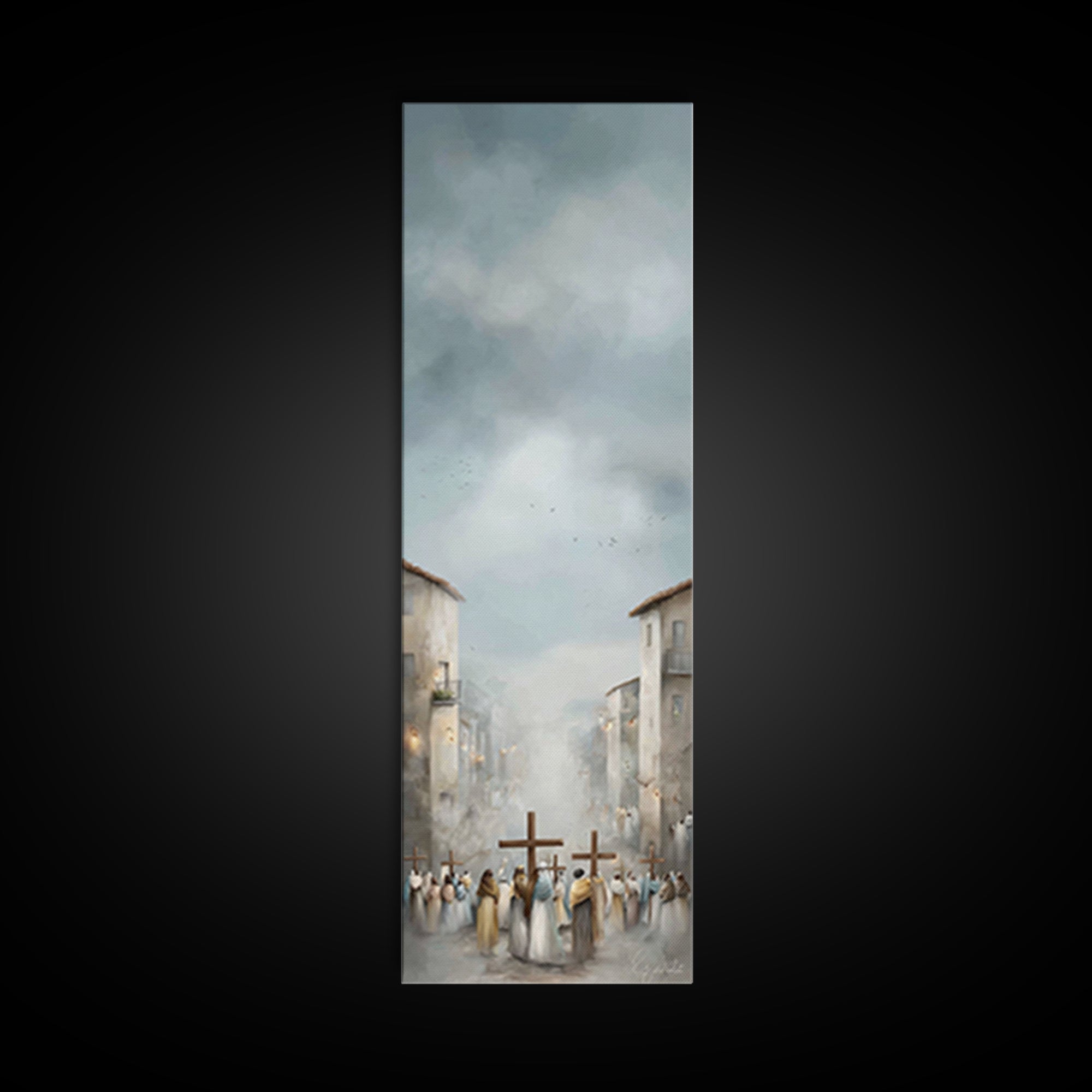 Pilgrims At Dawn – Framed Canvas Print – Narrow Art – Christian Art Work – Christian Christmas Art – Subtle Christian Art