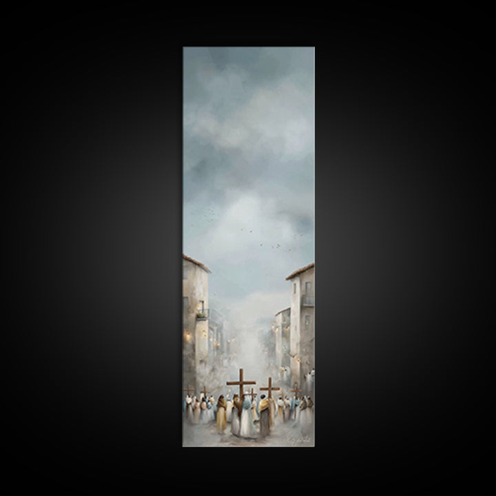 Pilgrims At Dawn – Framed Canvas Print – Narrow Art – Christian Art Work – Christian Christmas Art – Subtle Christian Art