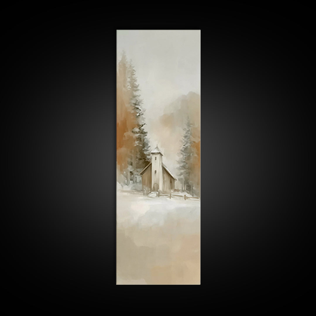 Snowy Chapel Peace – Framed Canvas Print – Christian Wall Art – Christian Art – Christmas Art – Tall Narrow Wall Art – Christian Decor