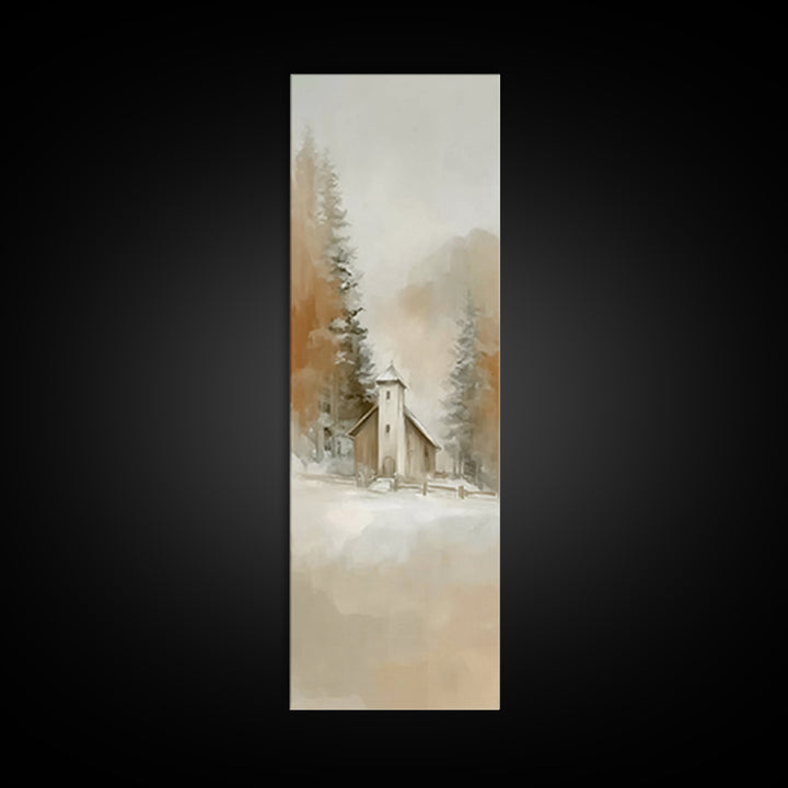 Snowy Chapel Peace – Framed Canvas Print – Christian Wall Art – Christian Art – Christmas Art – Tall Narrow Wall Art – Christian Decor