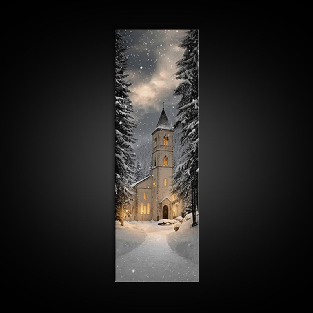 Snowfall Chapel Light – Framed Canvas Print – Tall Narrow Wall Art – Christian Wall Art – Christmas Art – Christian Christmas Décor – Moder