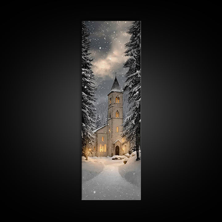 Snowfall Chapel Light – Framed Canvas Print – Tall Narrow Wall Art – Christian Wall Art – Christmas Art – Christian Christmas Décor – Moder