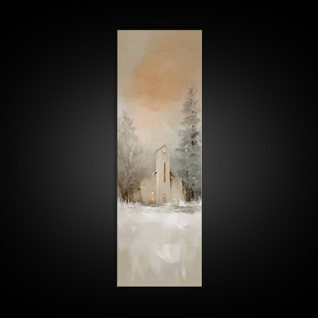 Evening Chapel Calm, Framed Canvas Print, Skinny Art, Christian Wall Art, Christian Christmas Art, Christmas Art Work, Framed Christian Art