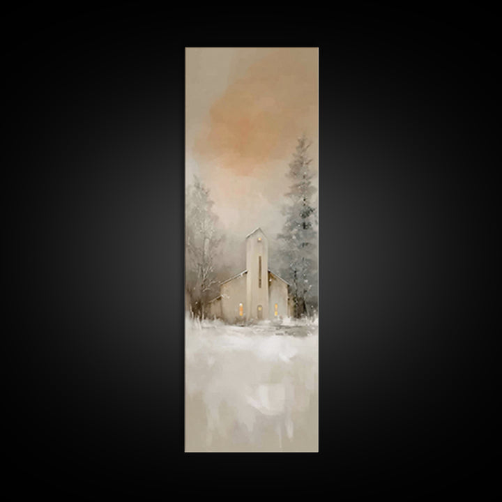 Evening Chapel Calm, Framed Canvas Print, Skinny Art, Christian Wall Art, Christian Christmas Art, Christmas Art Work, Framed Christian Art