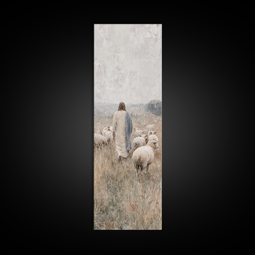 Fields Of His Care, Framed Canvas Print, Skinny Art, Jesus Wall Art, Christian Art Canvas, Christian Painting, Large Jesus Painting