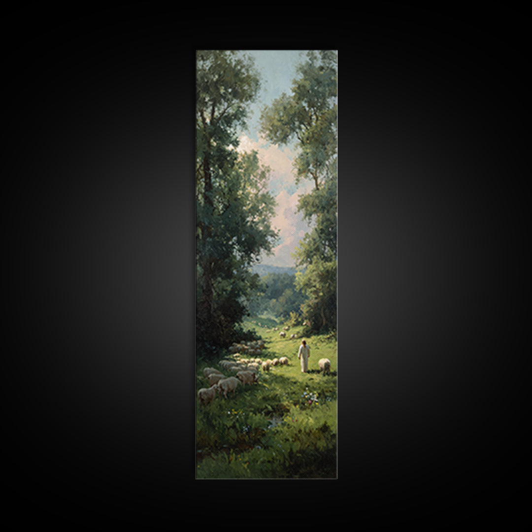 Morning Shepherd Peace – Framed Canvas Print – Christian Art Print – Modern Christian Art – Tall Narrow Wall Art – Jesus Canvas Art