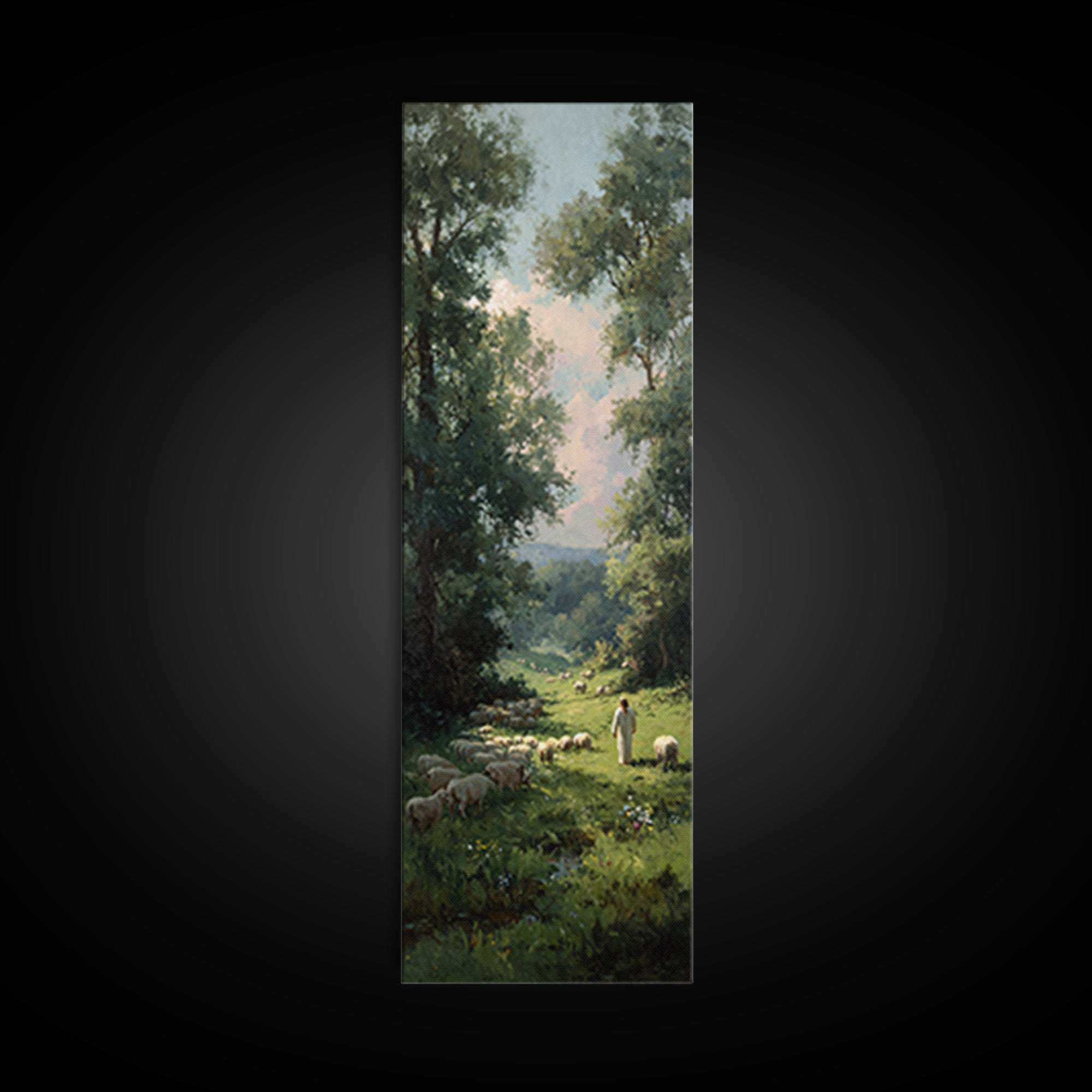 Morning Shepherd Peace – Framed Canvas Print – Christian Art Print – Modern Christian Art – Tall Narrow Wall Art – Jesus Canvas Art