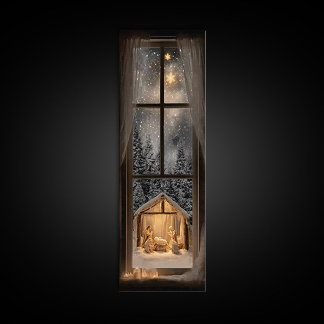 Silent Winter Nativity – Framed Canvas Print – Christmas Art – Christian Christmas Decor – Tall Narrow Wall Art – Christian Art Canvas