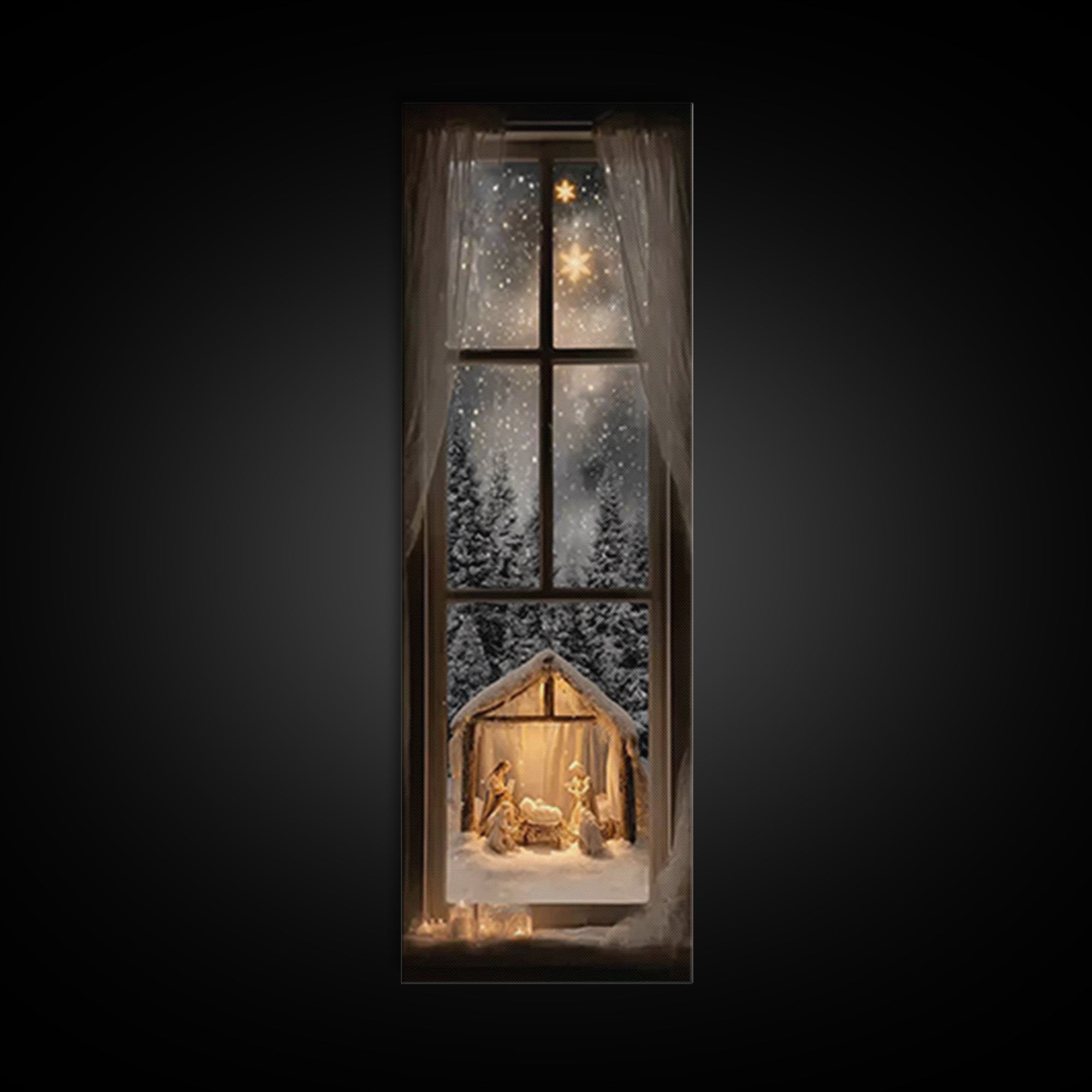 Silent Winter Nativity – Framed Canvas Print – Christmas Art – Christian Christmas Decor – Tall Narrow Wall Art – Christian Art Canvas