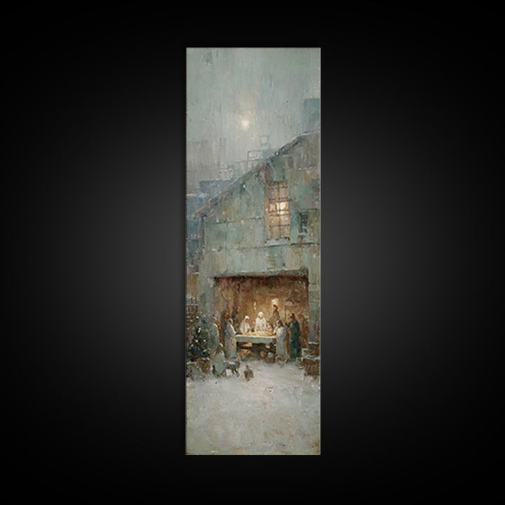 Humble Stable Night – Framed Canvas Print – Christmas Wall Art – Christian Art Canvas – Tall Skinny Art Print – Vintage Christmas Art