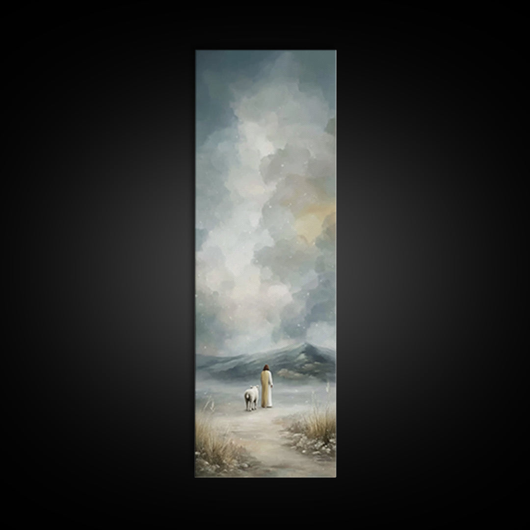 Winter Shepherd Calm, Framed Canvas Print, Narrow Art, Christian Art Canvas, Jesus Wall Art, Christian Christmas Decor, Subtle Christian Ar
