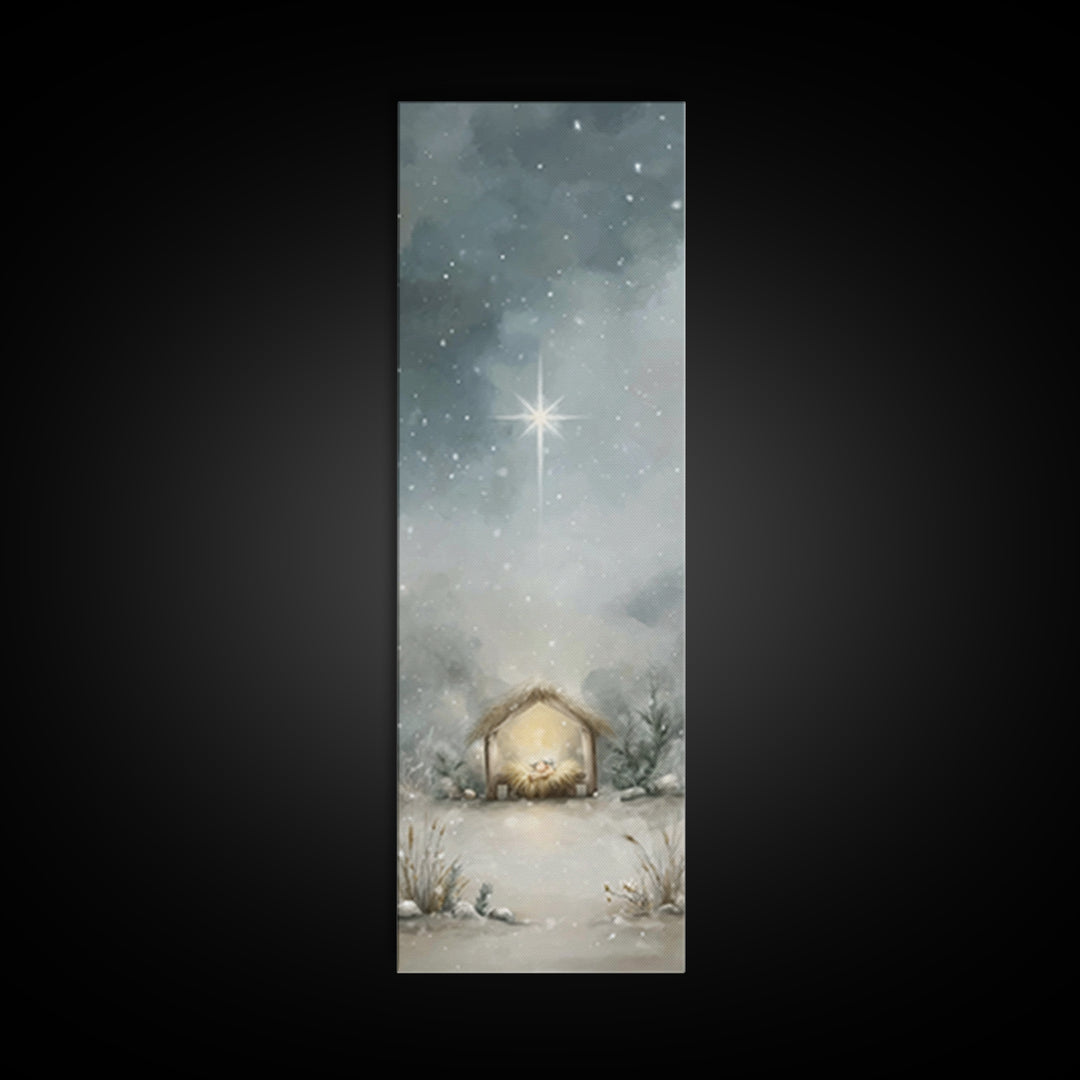 Silent Manger Light - Framed Canvas Print - Christian Christmas Art - Christian Wall Art - Christmas Art - Narrow Art - Christian Art Canva