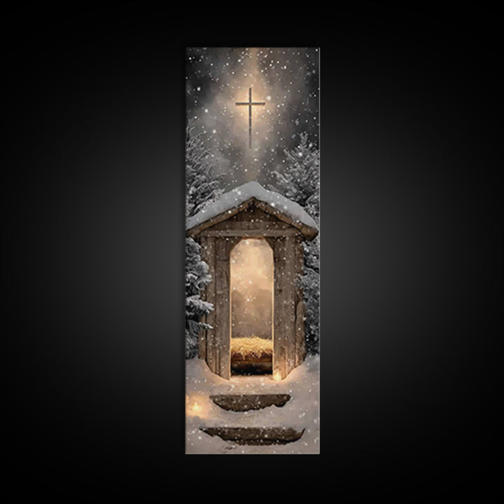 Snowlit Holy Shelter | Framed Canvas Print | Christmas Art | Christian Art Canvas | Christian Wall Art | Skinny Art | Christian Christmas A