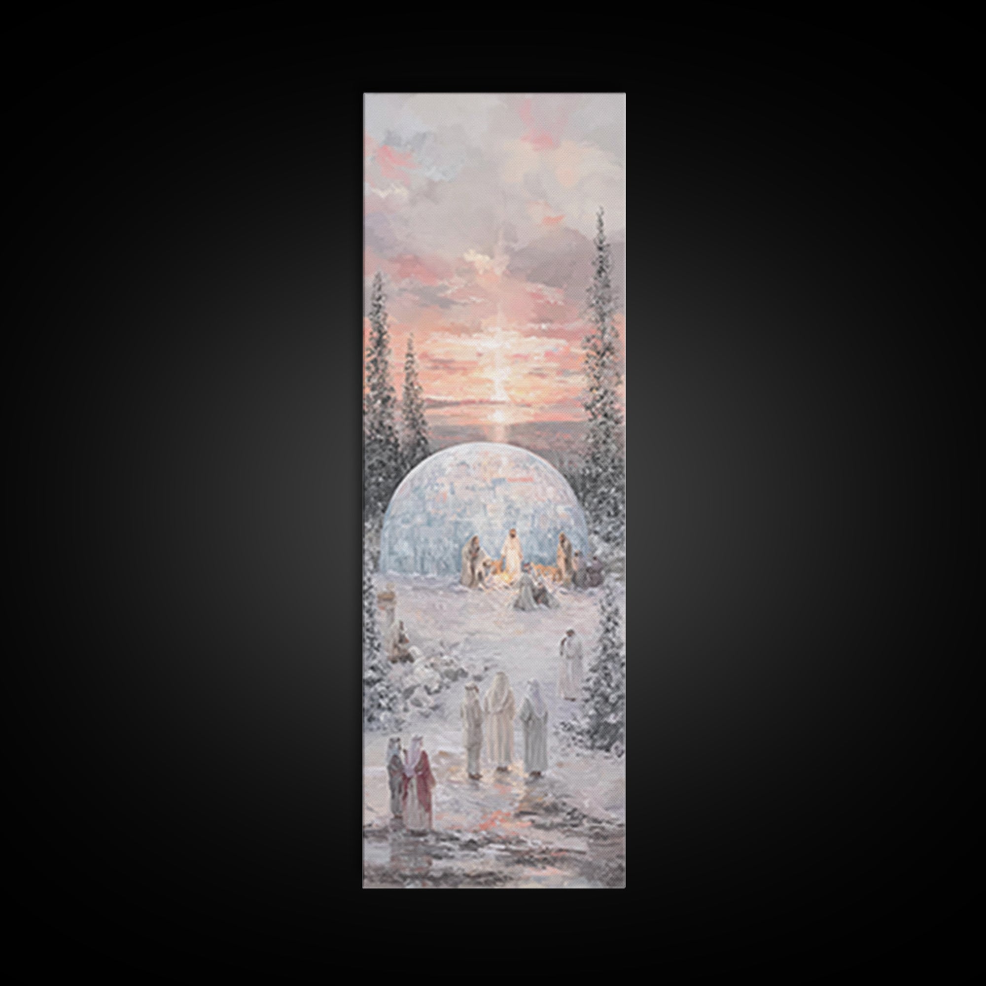 Winter Nativity Gathering - Framed Canvas Print - Christian Art Canvas - Christian Wall Art - Christmas Art - Narrow Art - Christian Christ
