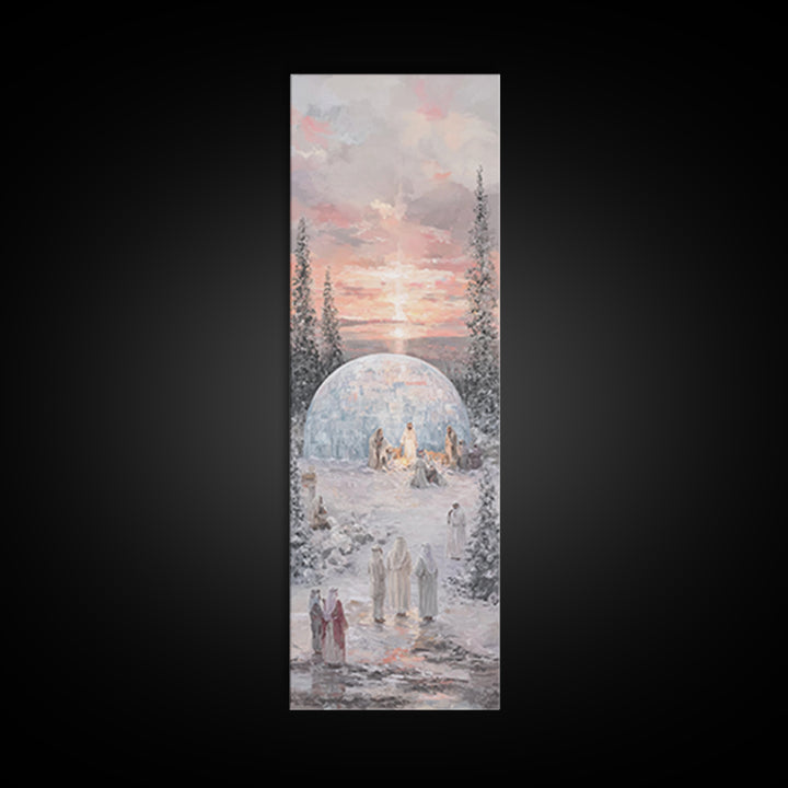 Winter Nativity Gathering - Framed Canvas Print - Christian Art Canvas - Christian Wall Art - Christmas Art - Narrow Art - Christian Christ