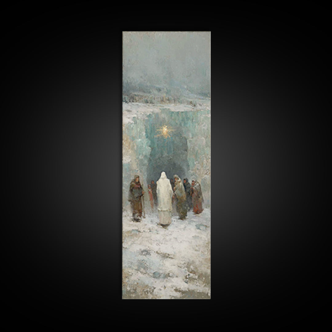 Frozen Cave Nativity | Framed Canvas Print | Christian Christmas Art | Christian Art Canvas | Christian Wall Art | Tall Narrow Wall Art | C
