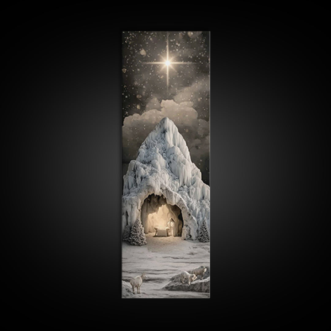 Icy Cavern Nativity, Framed Canvas Print, Christian Wall Art, Christian Christmas Art, Christmas Art, Tall Narrow Wall Art, Christian Art C