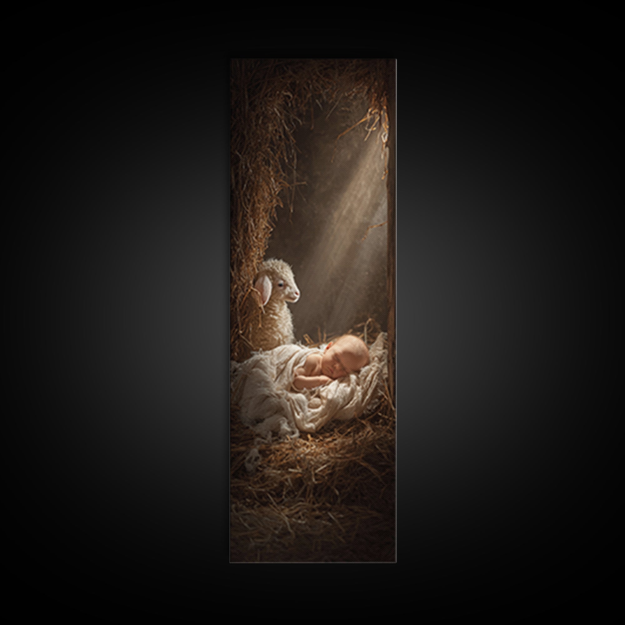 Humble Cradle Light – Framed Canvas Print – Tall Skinny Art Print – Christian Wall Art – Christian Art Work – Christmas Art