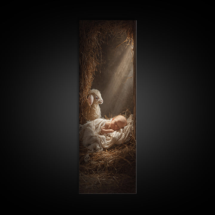 Humble Cradle Light – Framed Canvas Print – Tall Skinny Art Print – Christian Wall Art – Christian Art Work – Christmas Art