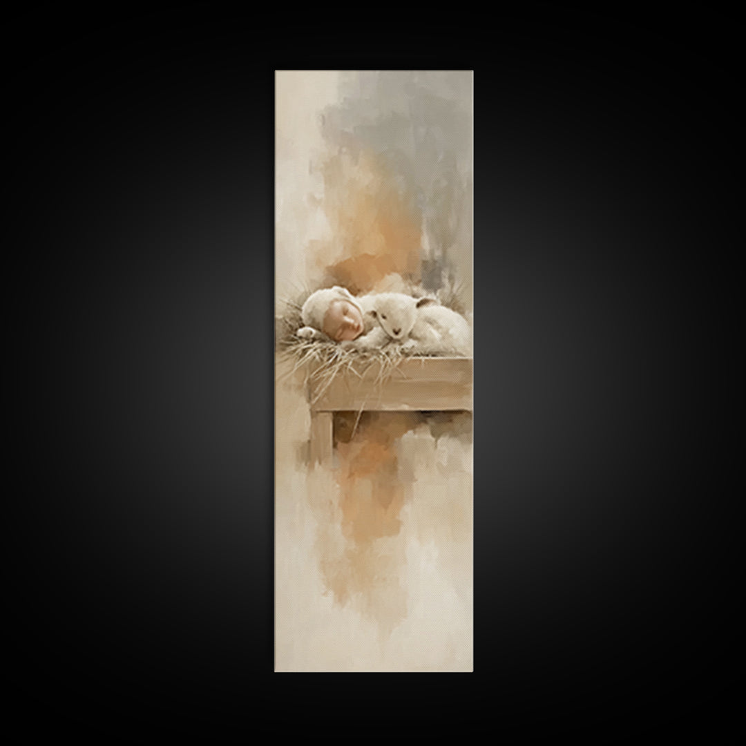 Soft Lamb Blessing – Framed Canvas Print – Tall Narrow Wall Art – Christian Art Prints – Christian Christmas Art – Jesus Painting