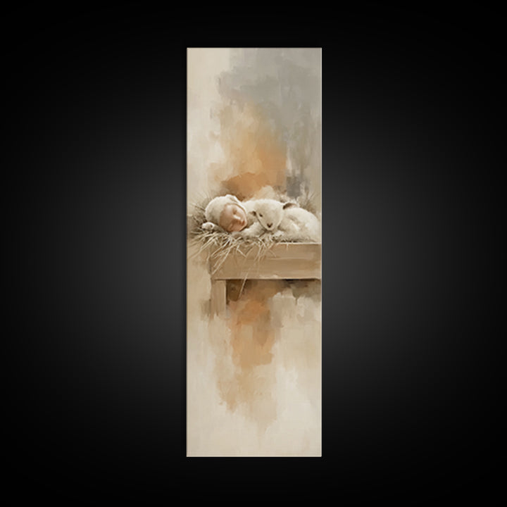 Soft Lamb Blessing – Framed Canvas Print – Tall Narrow Wall Art – Christian Art Prints – Christian Christmas Art – Jesus Painting