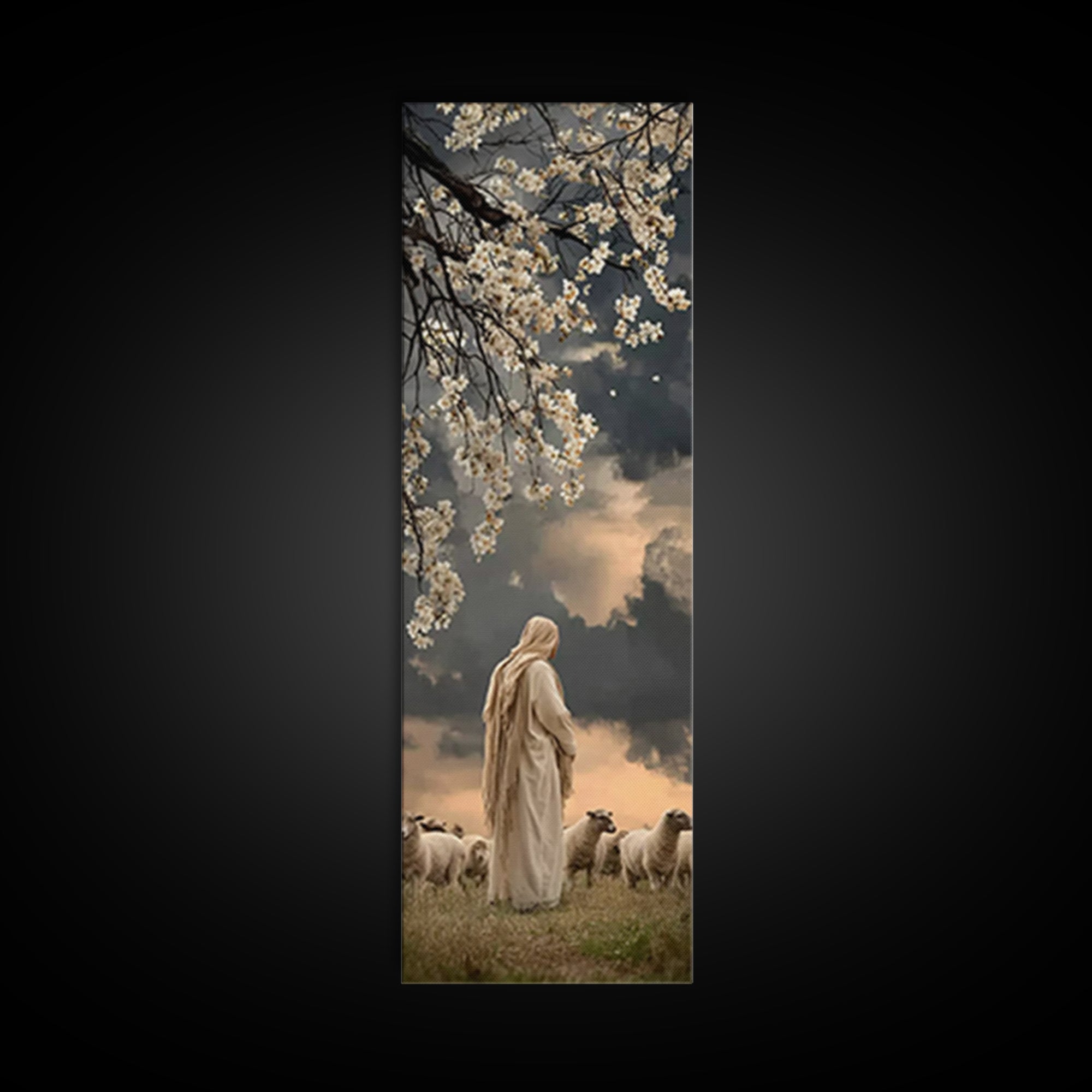 Quiet Shepherd Light, Framed Canvas Print, Christian Art Print, Jesus Wall Art, Skinny Art, Christian Christmas Decor, Christian Painting