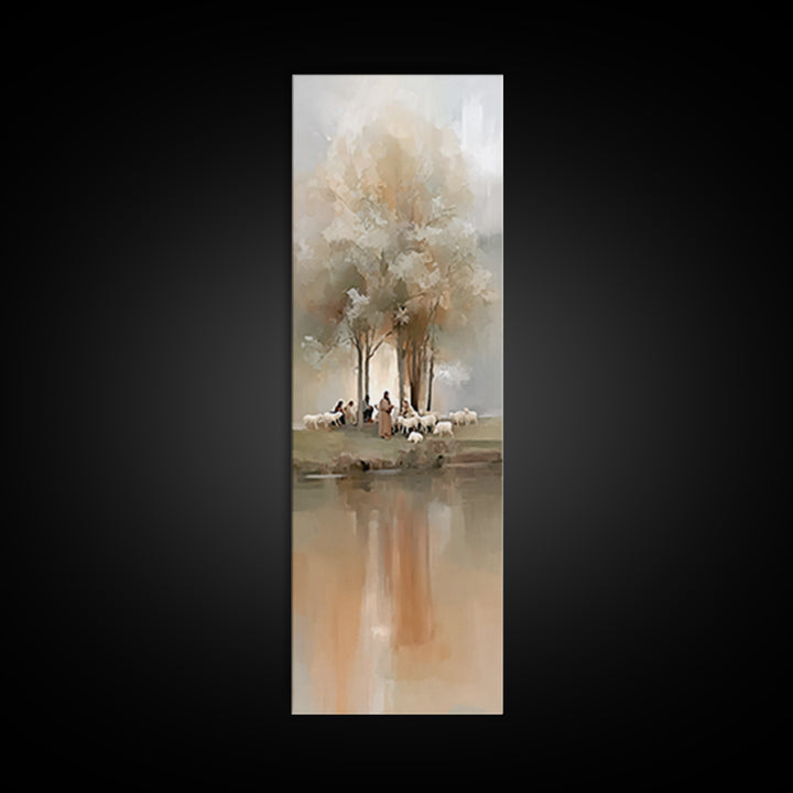 Morning Pasture Calm | Framed Canvas Print | Tall Skinny Art Print | Christian Wall Art | Jesus Painting | Christian Art Canvas | Christmas