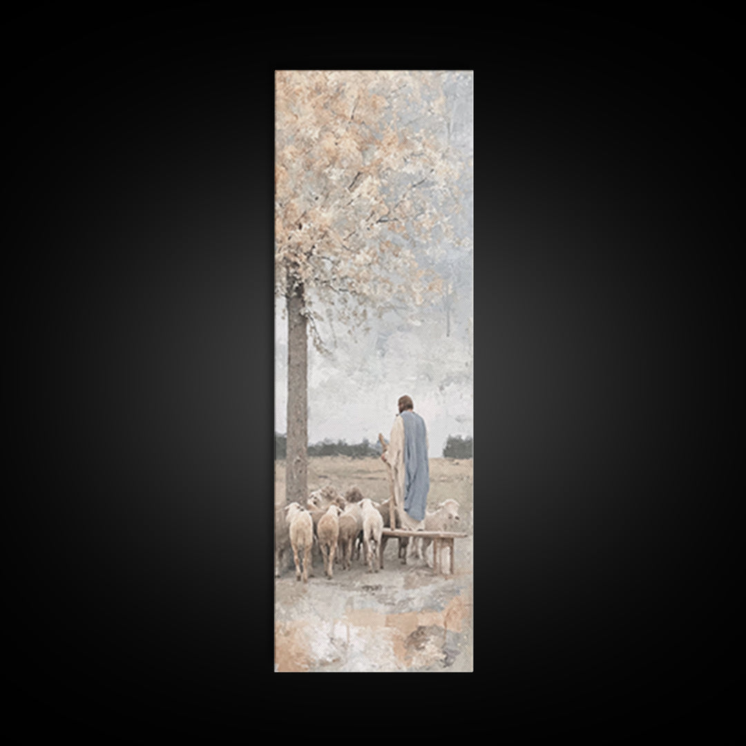 Riverside Shepherd Calm, Framed Canvas Print, Tall Narrow Wall Art, Christian Art Canvas, Jesus Painting, Christian Christmas Art, Christia