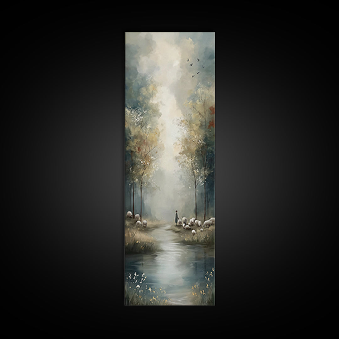 Pastoral Stillness, Framed Canvas Print, Narrow Art, Christian Wall Art, Jesus Painting, Christian Art Canvas, Christmas Art