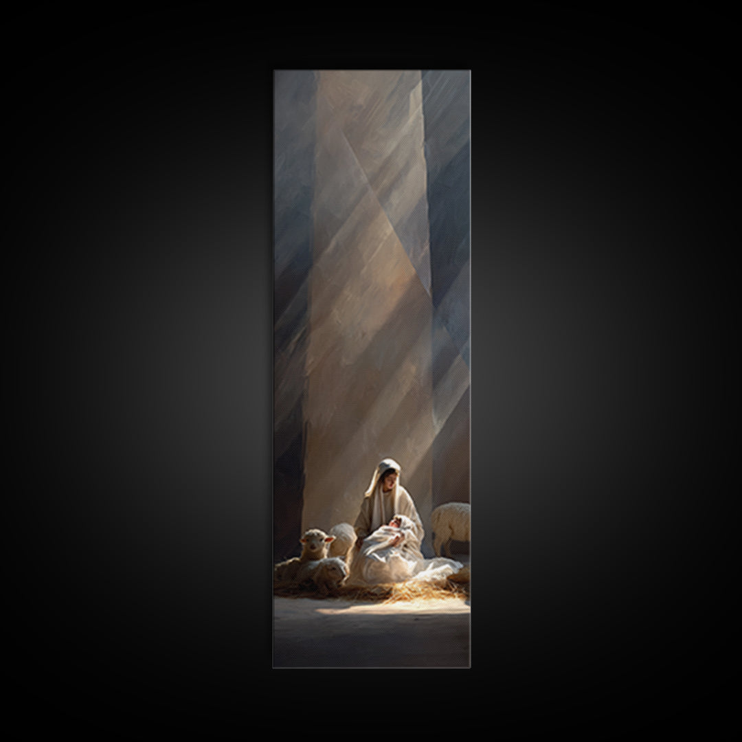 Blessed Nativity Light – Framed Canvas Print – Tall Skinny Art Print – Christian Christmas Art – Christian Wall Art – Christmas Canvas Wall