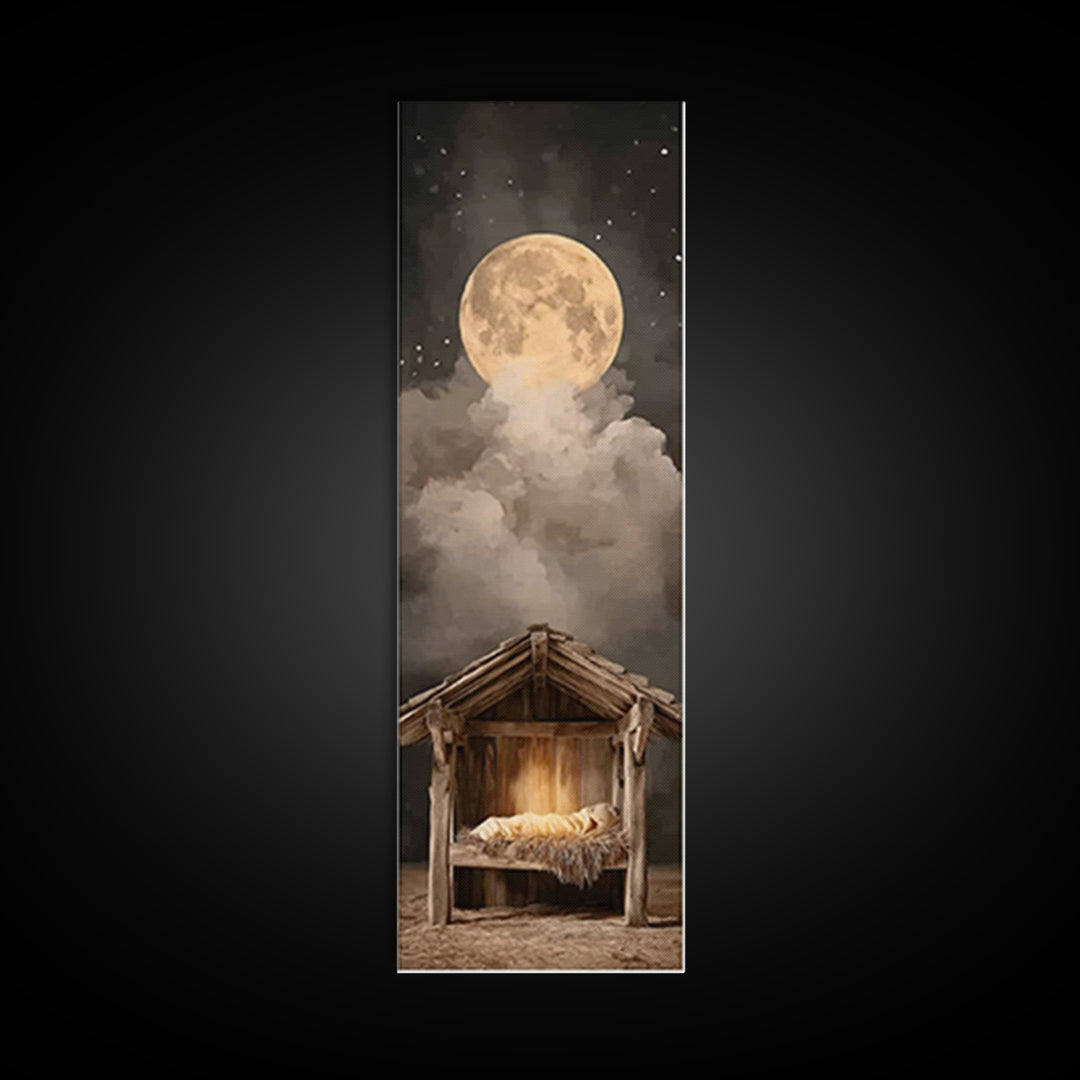 Nativity Moonrise – Framed Canvas Print – Narrow Art – Christian Christmas Art – Christian Art Canvas – Christian Wall Art – Christmas Art