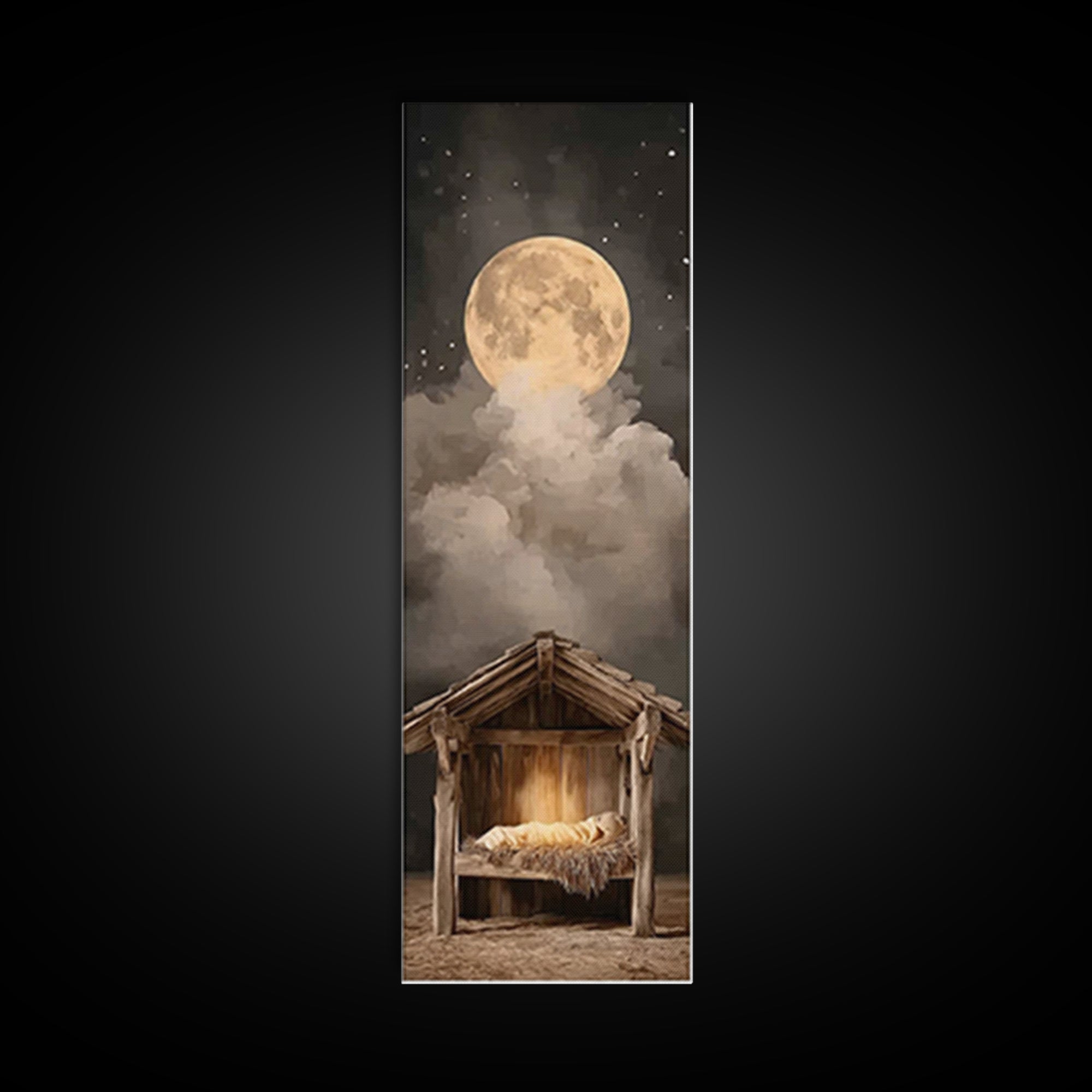 Nativity Moonrise – Framed Canvas Print – Narrow Art – Christian Christmas Art – Christian Art Canvas – Christian Wall Art – Christmas Art