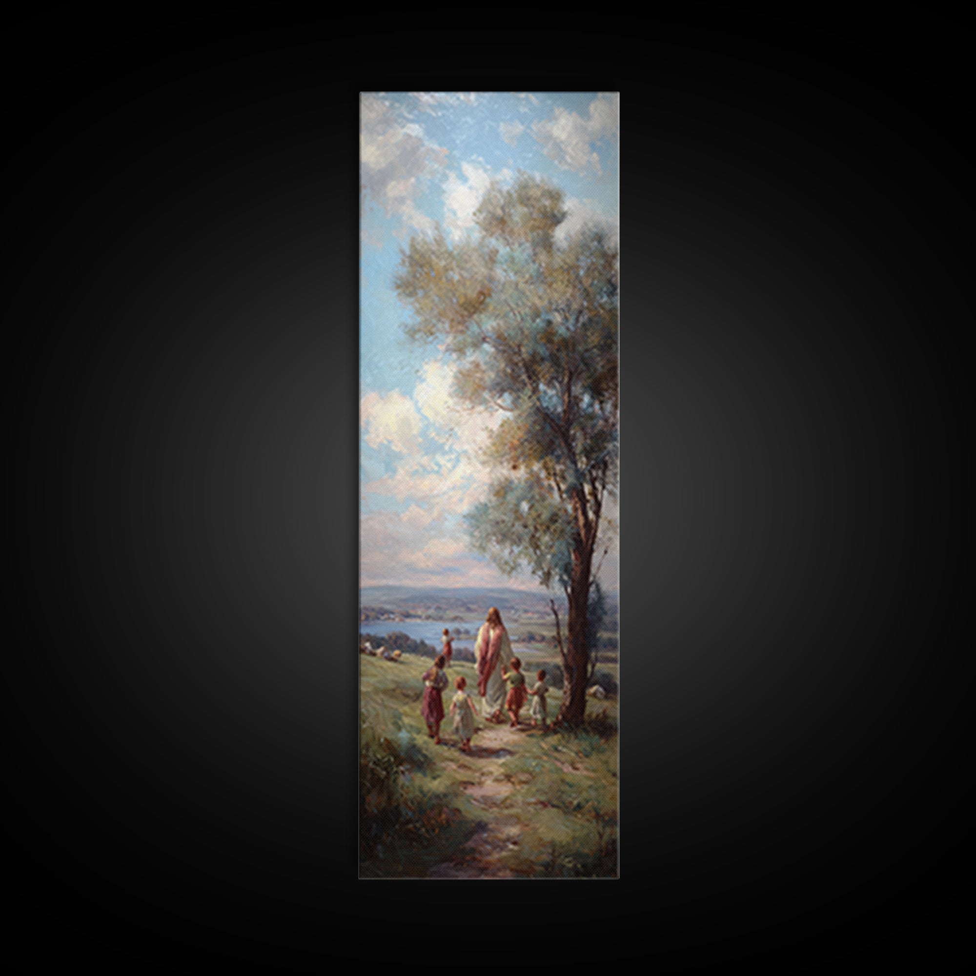 Hillside Peace – Framed Canvas Print – Narrow Art – Christian Wall Art – Jesus Painting – Christmas Art – Christian Canvas