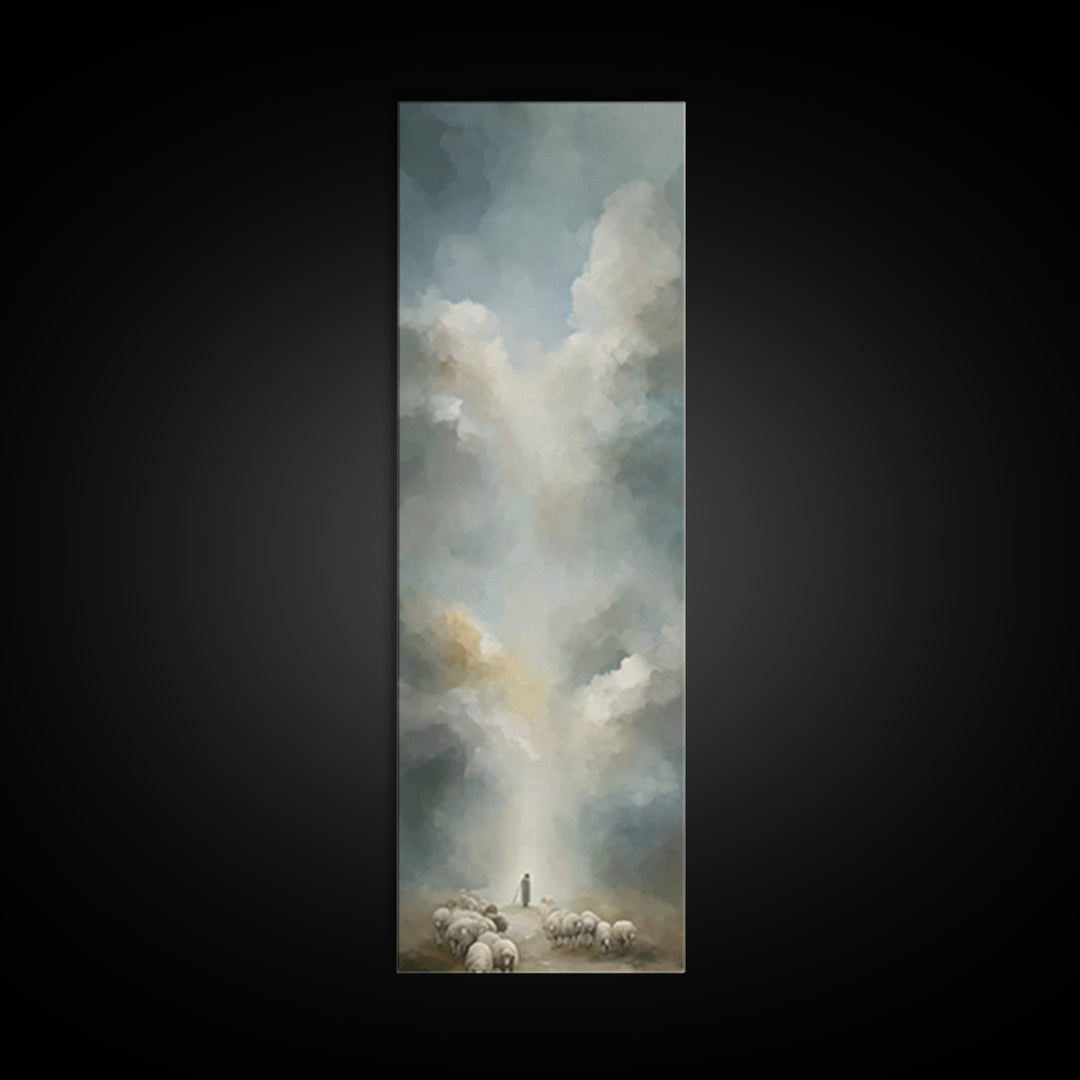 Heavenly Pasture Light | Framed Canvas Print | Tall Skinny Art Print | Christian Wall Art | Christian Art Canvas | Jesus Painting