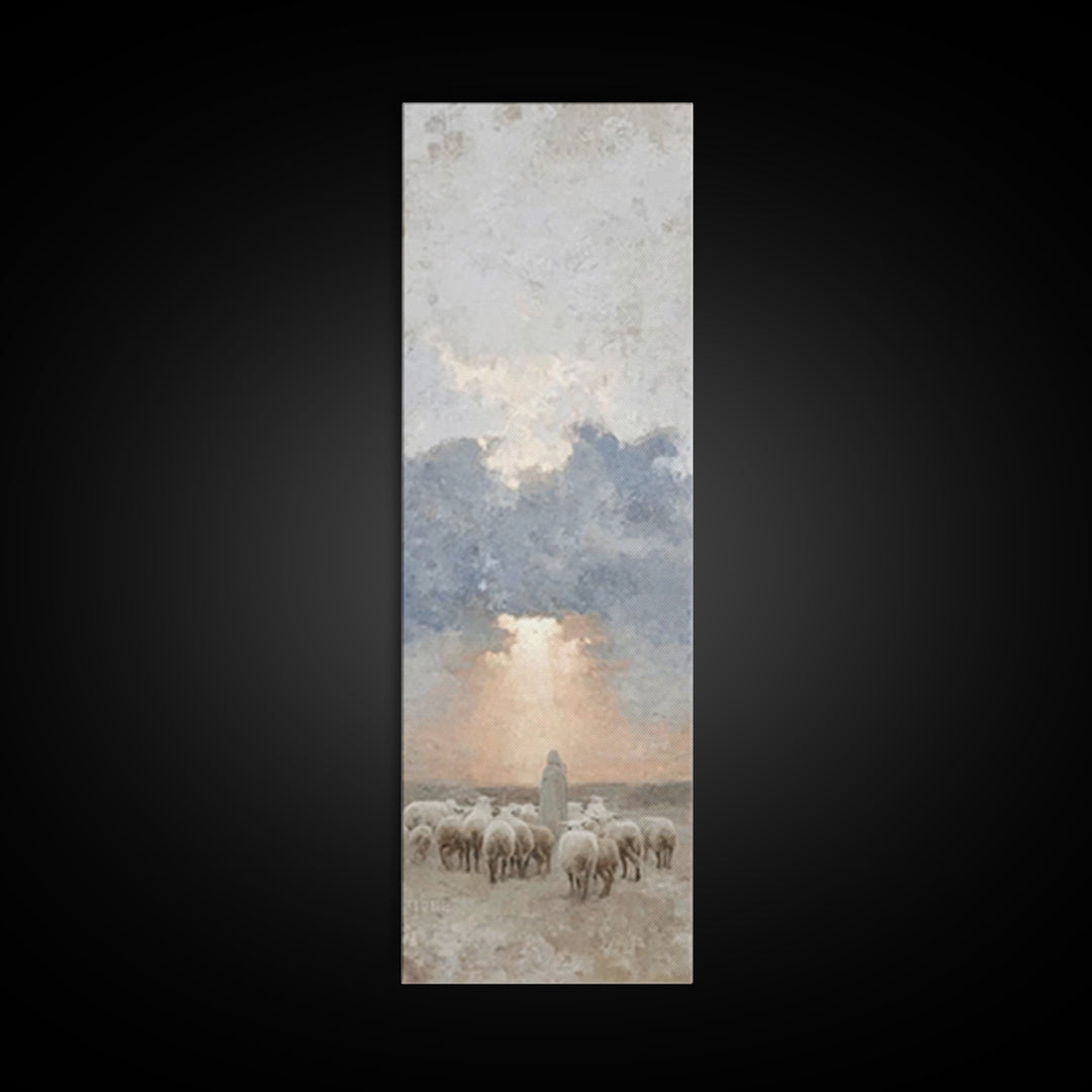 Morning Shepherd Grace – Framed Canvas Print – Tall Skinny Art Print – Christian Painting – Christian Art Canvas – Christmas Art