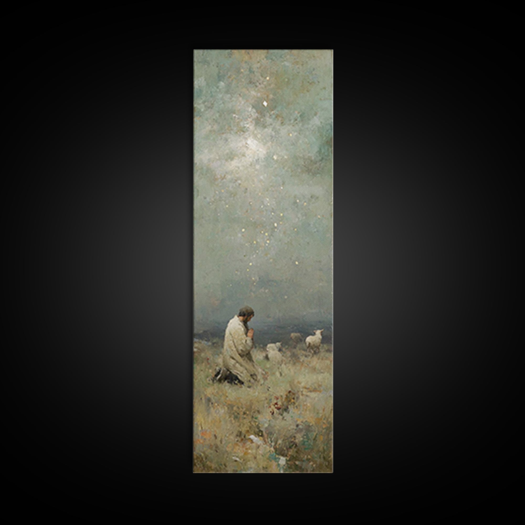 Kneeling In Faith, Framed Canvas Print, Narrow Art, Christian Art Canvas, Christian Wall Art, Jesus Painting, Christmas Art