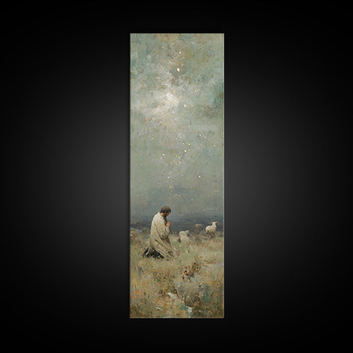 Kneeling In Faith, Framed Canvas Print, Narrow Art, Christian Art Canvas, Christian Wall Art, Jesus Painting, Christmas Art