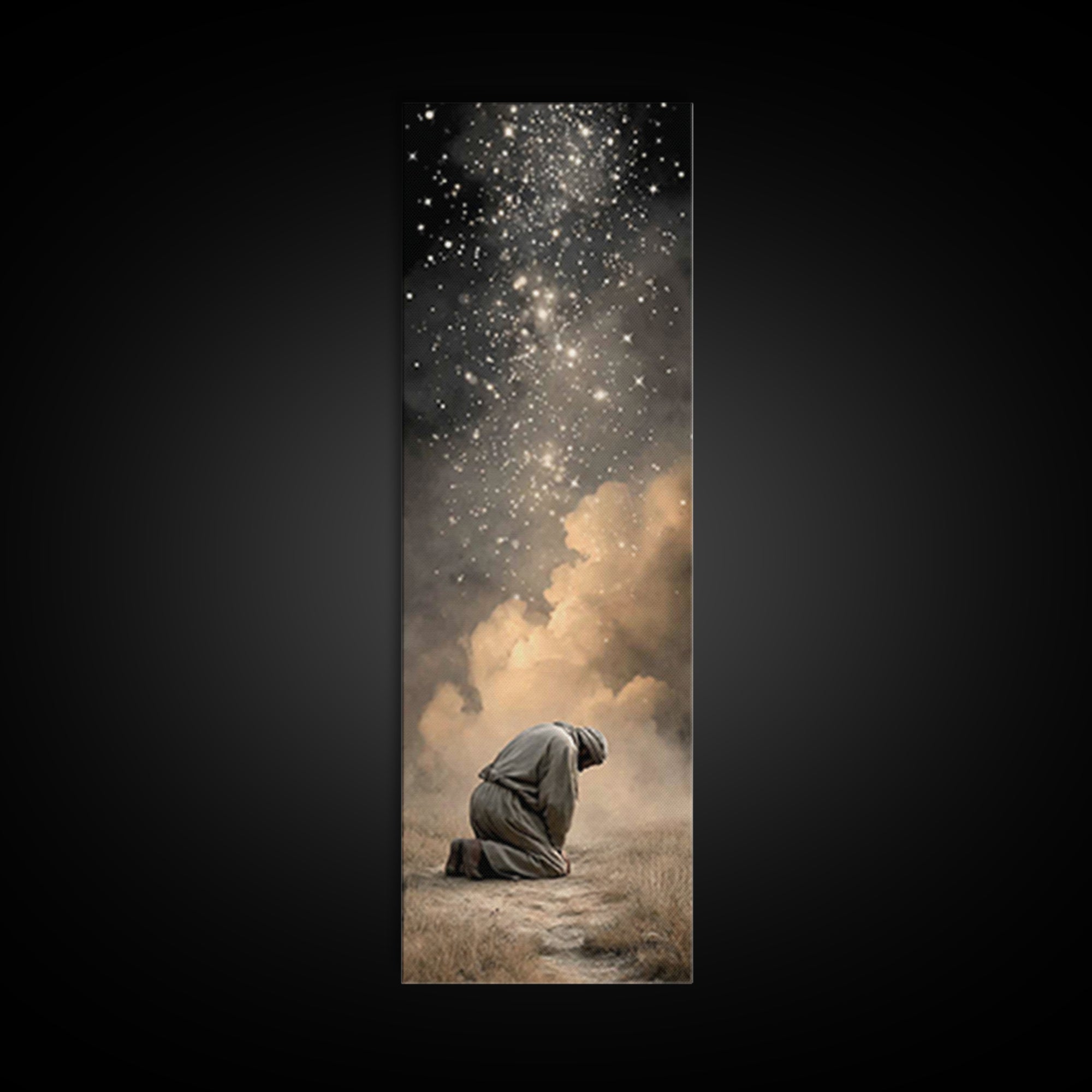 Heavenly Kneeling Light, Framed Canvas Print, Christian Wall Art, Christian Art, Tall Narrow Wall Art, Christian Art Canvas, Jesus Painting