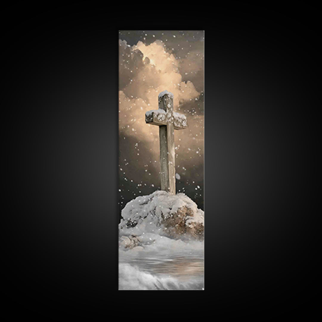 Icy Cross Radiance – Framed Canvas Print – Narrow Art – Christian Art Work – Christian Wall Art – Christian Christmas Art – Christian Paint