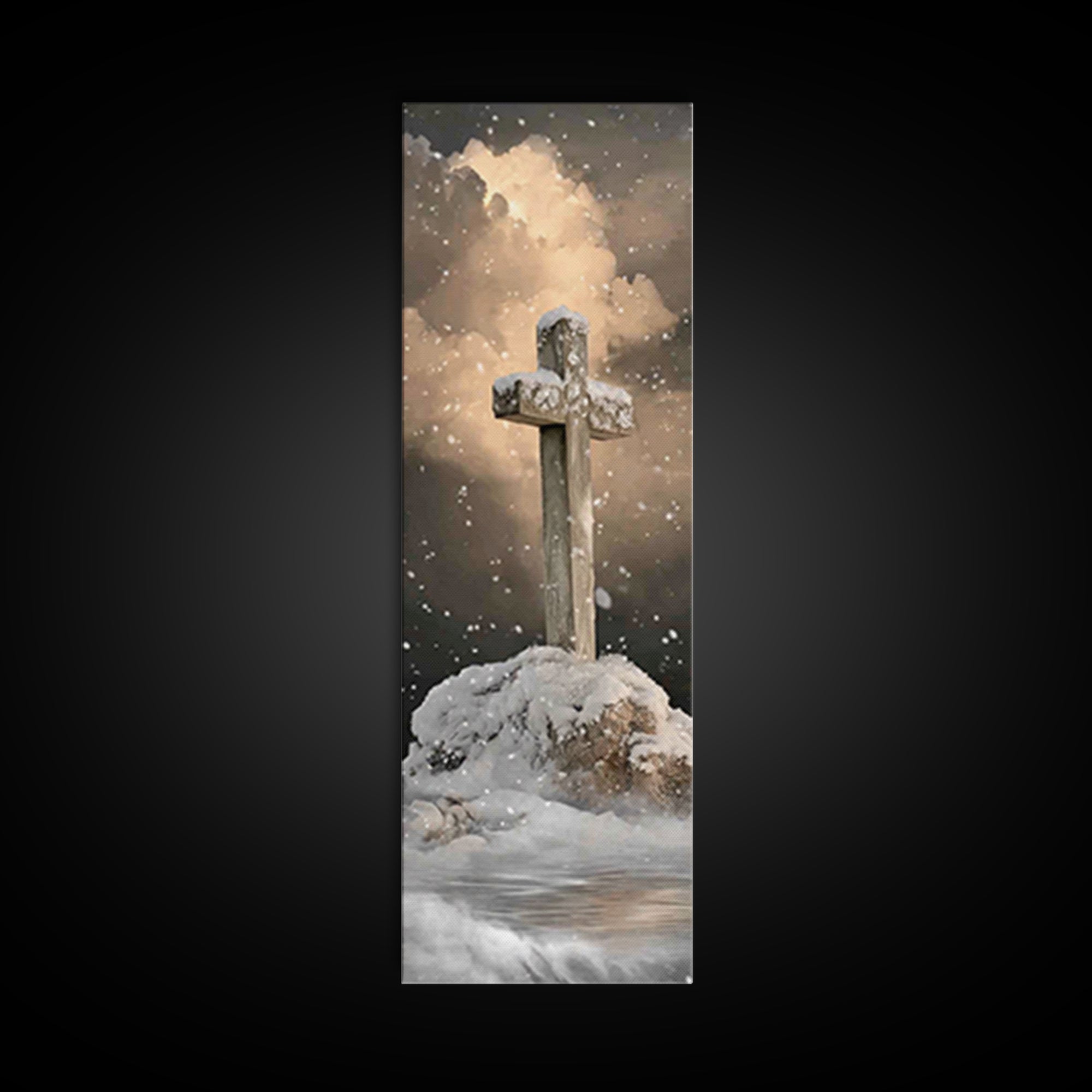 Icy Cross Radiance – Framed Canvas Print – Narrow Art – Christian Art Work – Christian Wall Art – Christian Christmas Art – Christian Paint