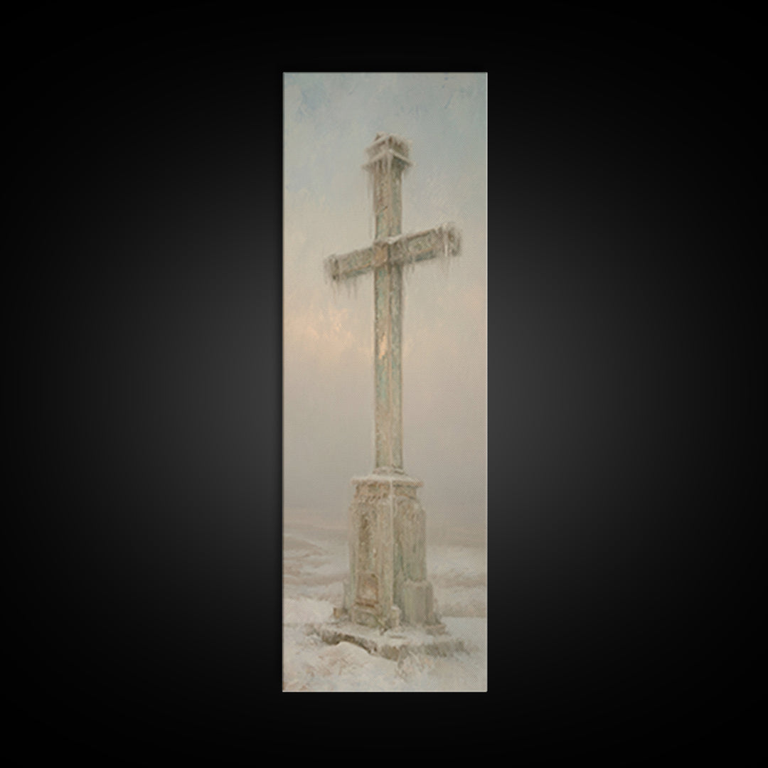 Winter Dawn Cross – Framed Canvas Print – Tall Skinny Art Print – Christian Wall Art – Christian Paintings – Christian Art Canvas – Christm