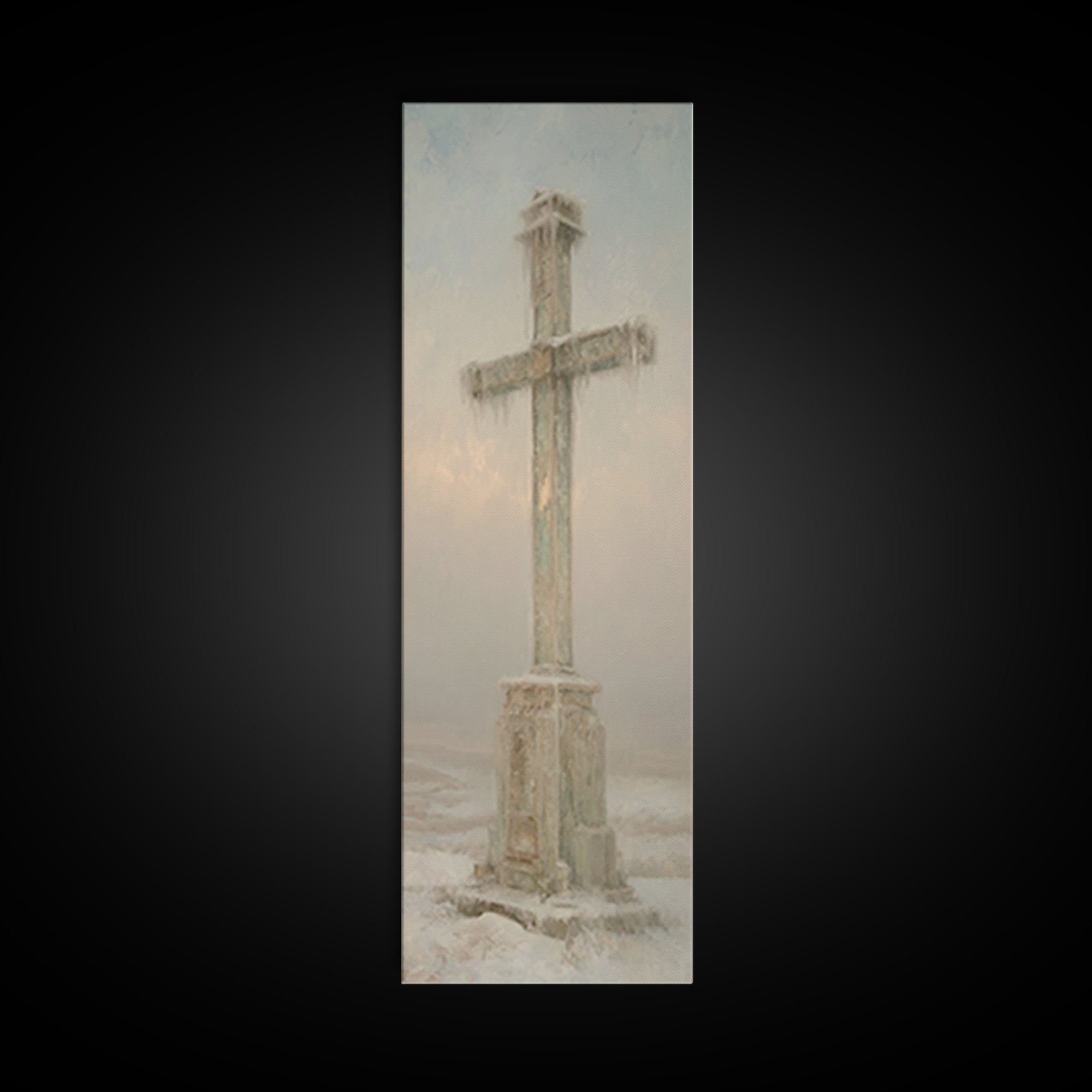 Winter Dawn Cross – Framed Canvas Print – Tall Skinny Art Print – Christian Wall Art – Christian Paintings – Christian Art Canvas – Christm
