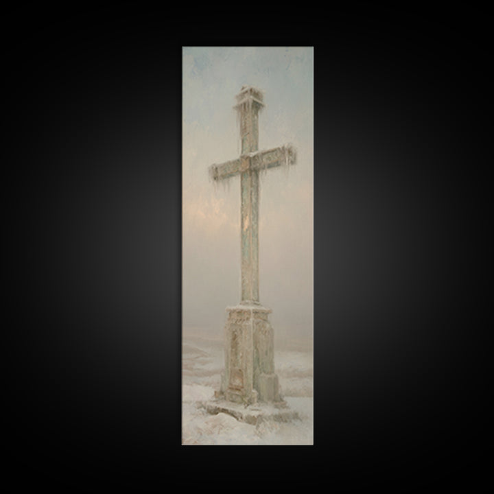 Winter Dawn Cross – Framed Canvas Print – Tall Skinny Art Print – Christian Wall Art – Christian Paintings – Christian Art Canvas – Christm